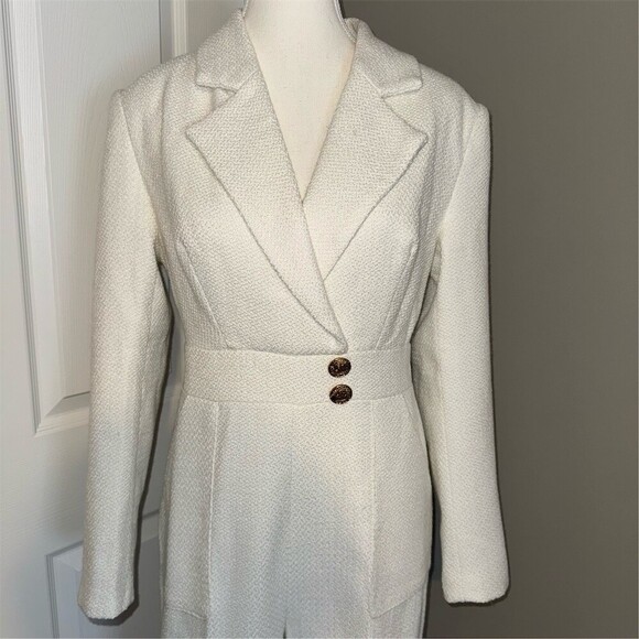 FEHAUTE Jumpsuit Womens Size 4 White Tweed Wide-Leg Pockets Quiet Luxury - Picture 3 of 16